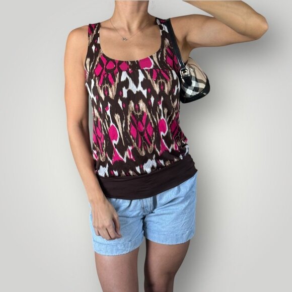 Vintage Ikat Print Y2K Tank Top Brown Pink Stretchy Sleeveless Preppy Shirt USA - Picture 1 of 8
